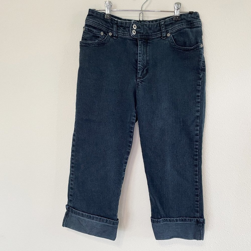 Chicos Platinum Cropped‎ Jeans Womens Size 6 0.5 Blue Denim Cuffed Stretch